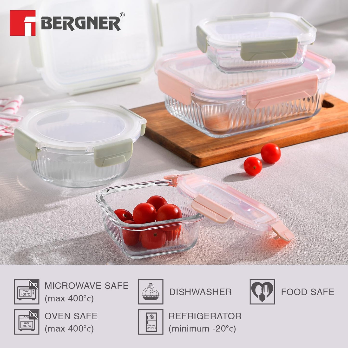 Bergner Smart Lock Borosilicate Rectangular 1.5 L Food Container for Kitchen/Tiffin, Air-Tight Lid with Locking Tabs, Space Saving, Stackable, Microwave & Oven Safe, Food Safe, Dishwasher Safe - Green