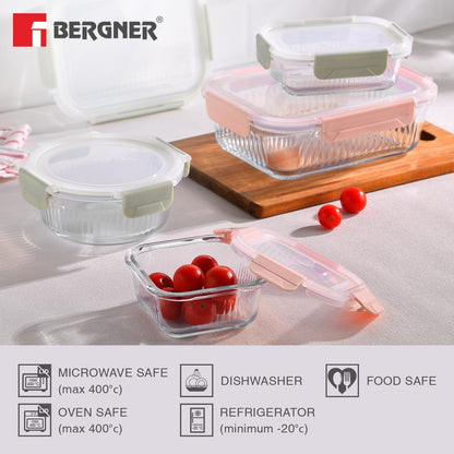 Bergner Smart Lock Borosilicate Rectangular 1.5 L Food Container for Kitchen/Tiffin, Air-Tight Lid with Locking Tabs, Space Saving, Stackable, Microwave & Oven Safe, Food Safe, Dishwasher Safe - Green