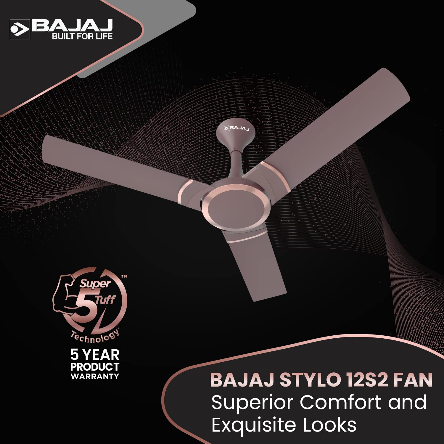 Bajaj Stylo 12S2 1200MM Ceiling Fans for Home | BEE-2 Star Rated Energy Efficient | SUPER 5TUFF TECHNOLOGY™ | SumoTuff Blades | High Air Delivery & High Speed | 5-Yr Warranty 【Dark Walnut】