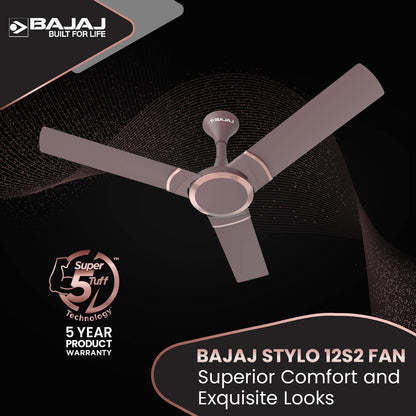Bajaj Stylo 12S2 1200MM Ceiling Fans for Home | BEE-2 Star Rated Energy Efficient | SUPER 5TUFF TECHNOLOGY™ | SumoTuff Blades | High Air Delivery & High Speed | 5-Yr Warranty 【Dark Walnut】