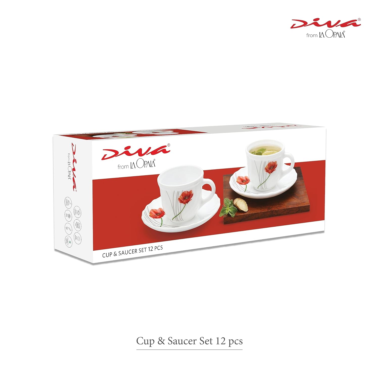 La Opala Diva, Opal Glass Crockery | Cup & Saucer Tulip Large, Set of 12 | Grace Red, 220 ml | for Tea & Coffee | Microwave Safe | 100% Vegetarian | Extra Strong | Super Light | Super White