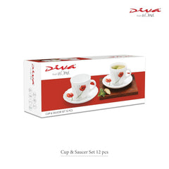 La Opala Diva, Opal Glass Crockery | Cup & Saucer Tulip Large, Set of 12 | Morning Glory, 220 ml | for Tea & Coffee | Microwave Safe | 100% Vegetarian | Extra Strong | Super Light | Super White