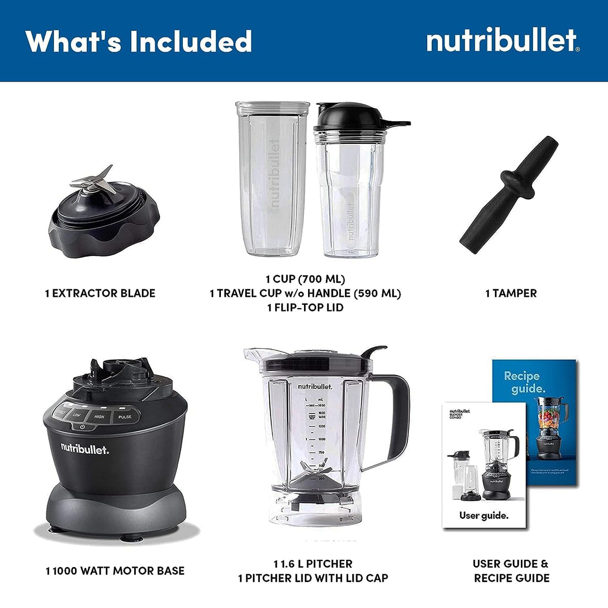 Nutribullet 1000W Combo Blender, USA #1 Mixer, Grinder, Smoothie Maker, Food Processor, "The Original Nutribullet", 3 Unbreakable Jars, 1.6L Extra Large Pitcher & Tamper, 2yrs warranty (Dark Grey)