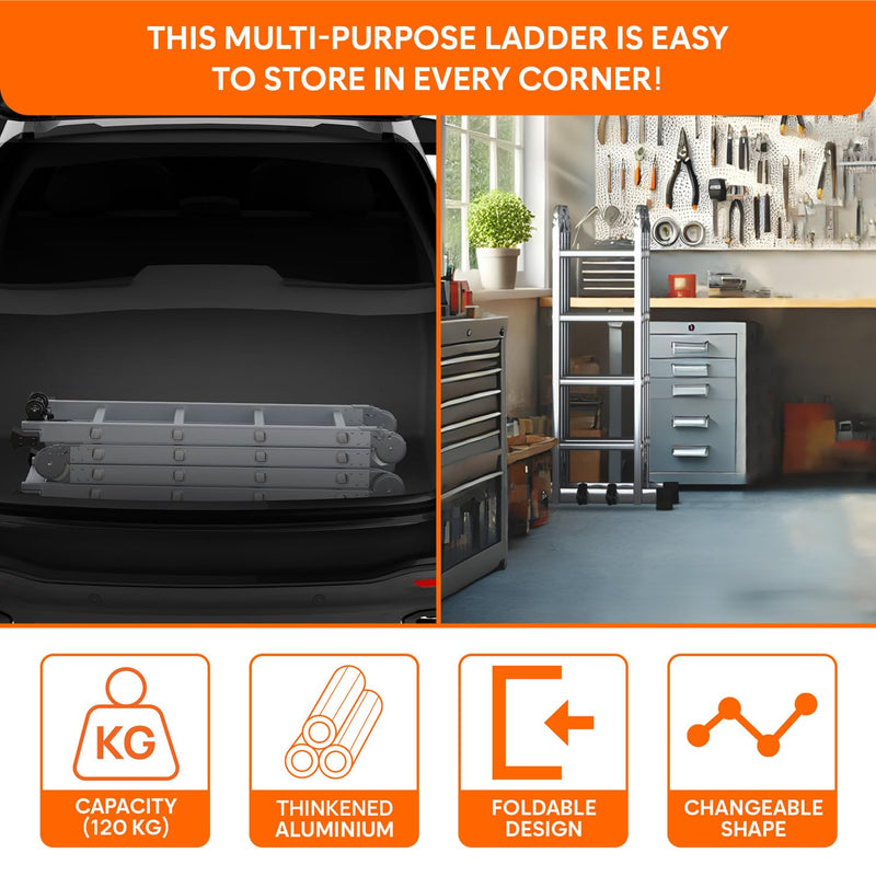Corvids 14.5 Feet (16 Steps) Portable & Compact Folding Aluminium Multipurpose Super Ladder | 2-Year Warranty | Ladder for Home & Industrial Use - Capacity 120 Kg