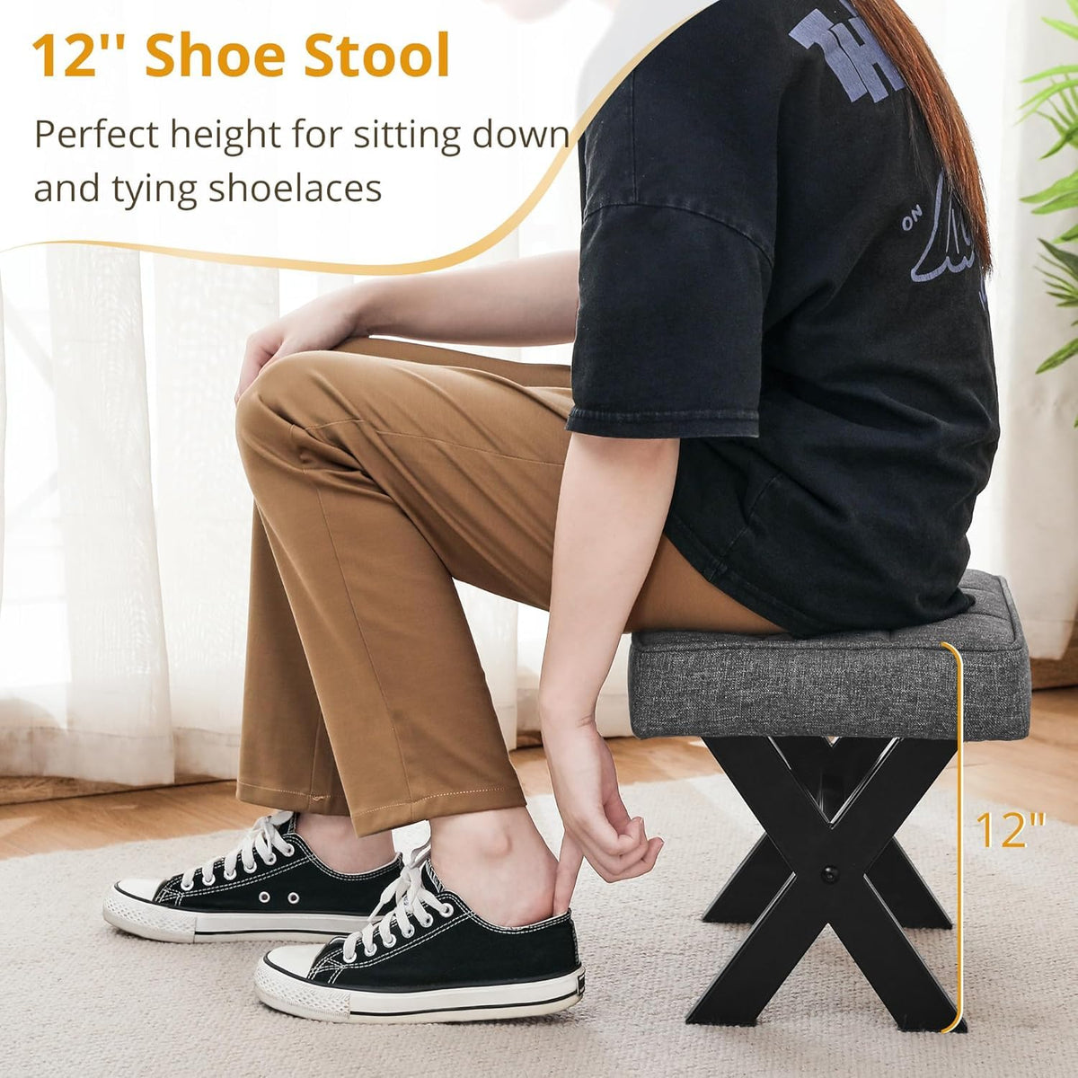 Solid Sheesham Foot Stool, 12" H Small Foot Stools Ottoman, Durable Linen Footstool X-Leg, Padded Foot Rest Ste