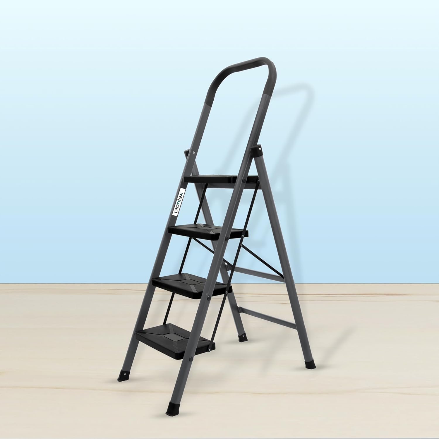 Plantex GI Steel 4-Step Ladder for Home/Easy to fold/Anti-Skid Wide Steps Ladder - (Aura, Black & Grey)