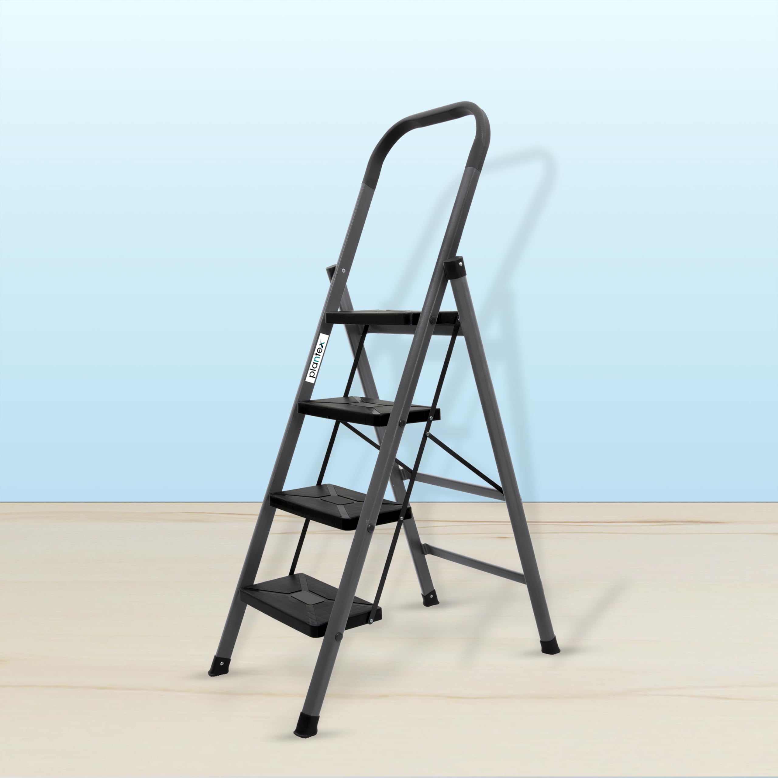 Plantex Stylo Heavy-Duty Mild-Steel Folding 4 Step Ladder for Home with Advanced Locking System/Wide Anti-Skid Step Ladder (Black & Blue)