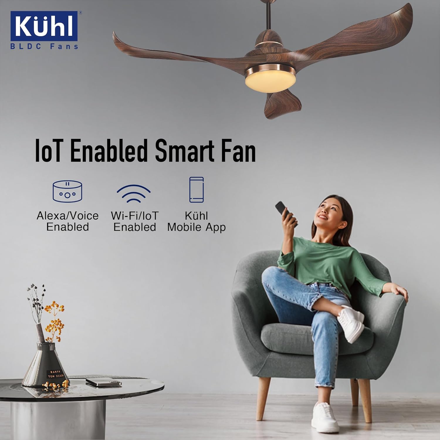 KUHL Glanz F3 1320mm Stylish Power Saving BLDC Ceiling Fan With Remote | Down Light | 30W | 5 Star | IoT - Operate Via Mobile&Alexa | Reverse Mode | Free Installation |Teak