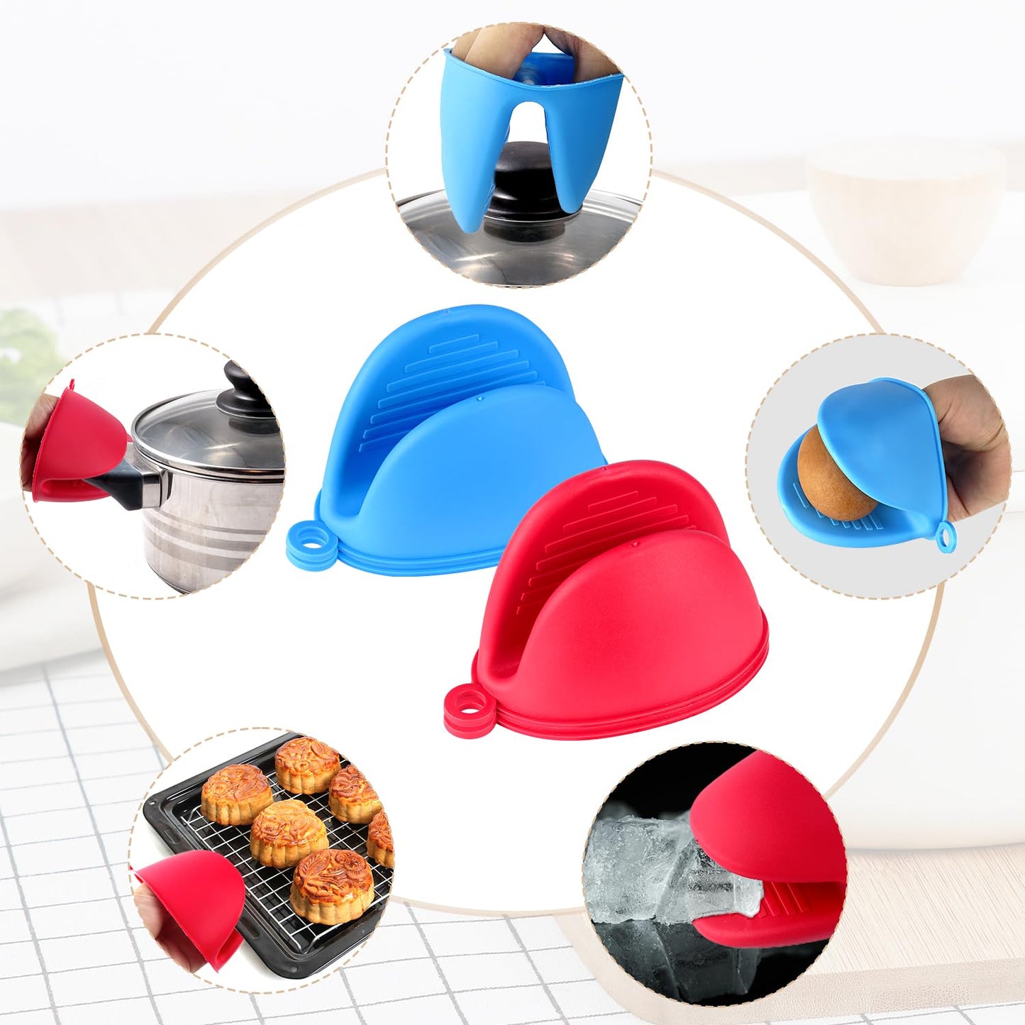 2 Pairs Mini Oven Gloves, Silicone Oven Mitts Heat Resistant, Silicone Potholders Cooking Pinch for Kitchen Cooking & Baking (Red and Blue)