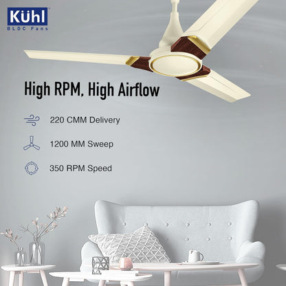 KUHL Prima A3 1200mm BLDC Ceiling Fan with Remote | INR 300 Off on Exchange | 5-Star Rated | High Airflow | Saves up to 65% Electricity | 5-Year Warranty | Ivory