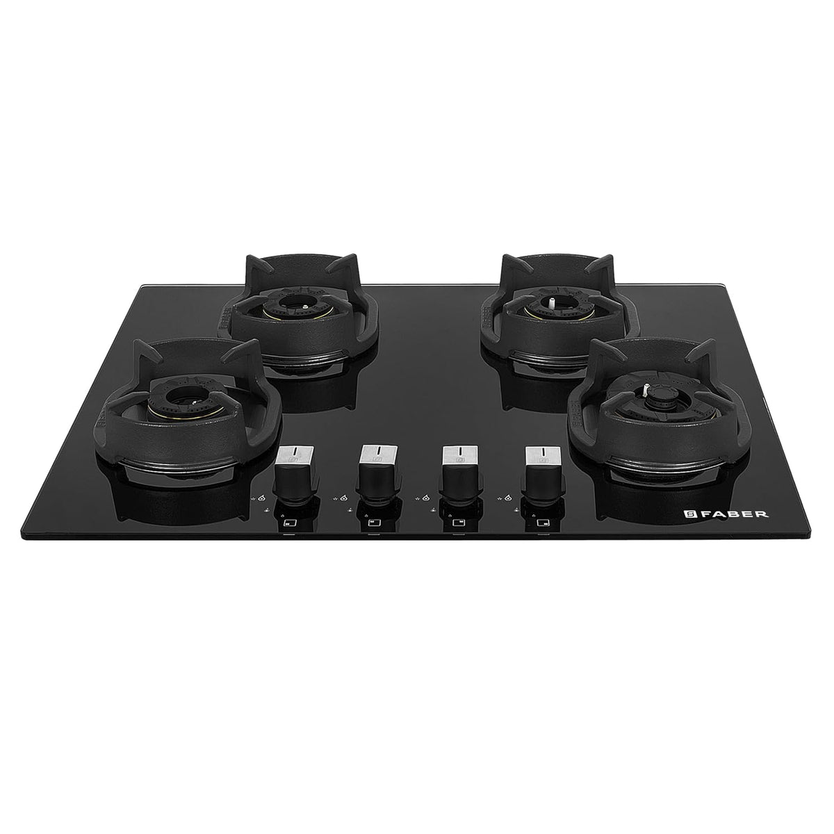 Faber 4 Burner 65cm Eros Hob |Auto-Ignition|Metal Knobs| Cast Iron Pan Support |Hob/Cooktop Hybrid| Black Glass Finish |