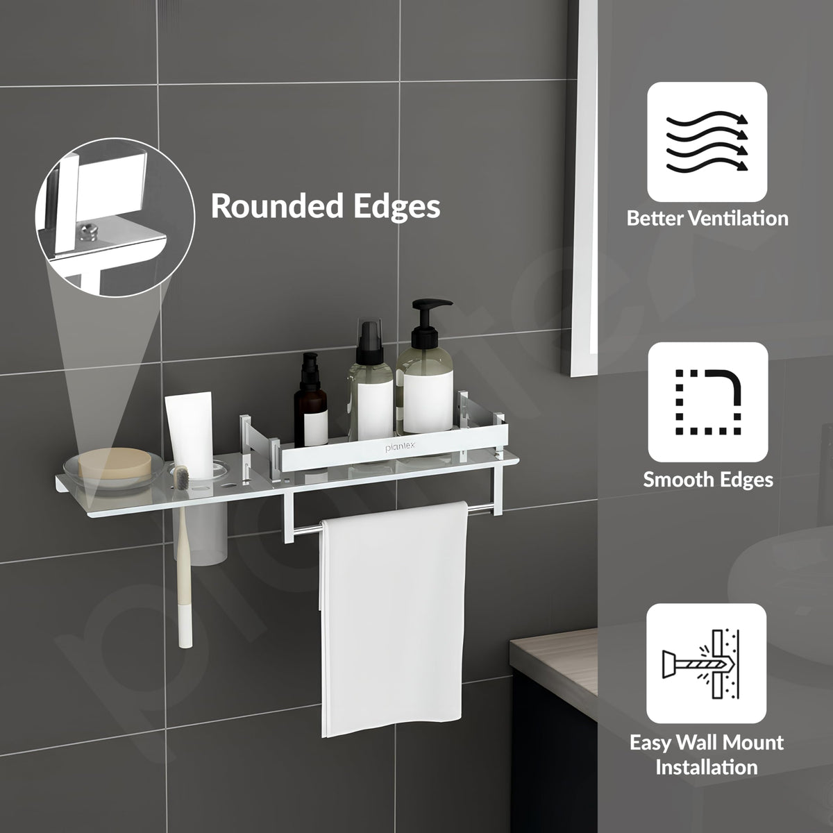Plantex Stainless Steel 4in1 Multipurpose Bathroom Shelf/Bathroom Steel Rack with Soap Dish, Towel Rod and Tumbler Holder-Chrome (18x5 inches)-4