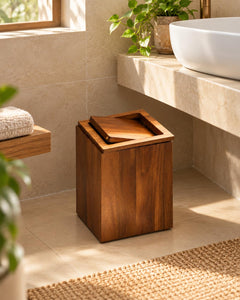 Solid Wood Trash Bin – Rustic Wooden Dustbin for Bathroom, Kitchen, Office, Living Room – Compact Waste Basket 