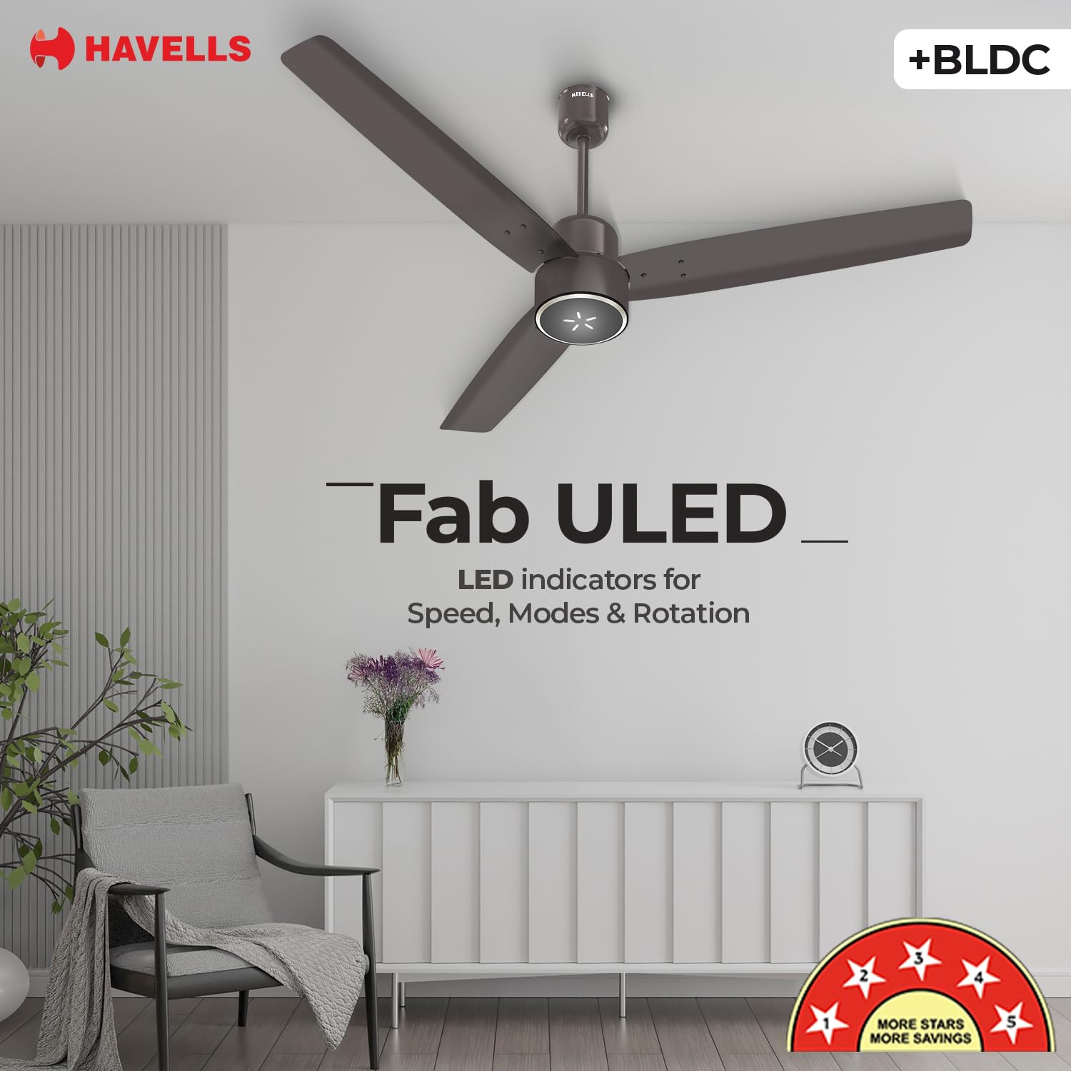 Havells FAB BLDC ULED Ceiling Fan 1200mm, 5 star, LED Speed Indicator, 380 RPM, Up to 65% Savings,Reverse Rotation,4 Speed Modes,Low Wattage 30W,Low Noise,Air Flow:225 CMM, 3 Year Warranty,Cocoa Brown