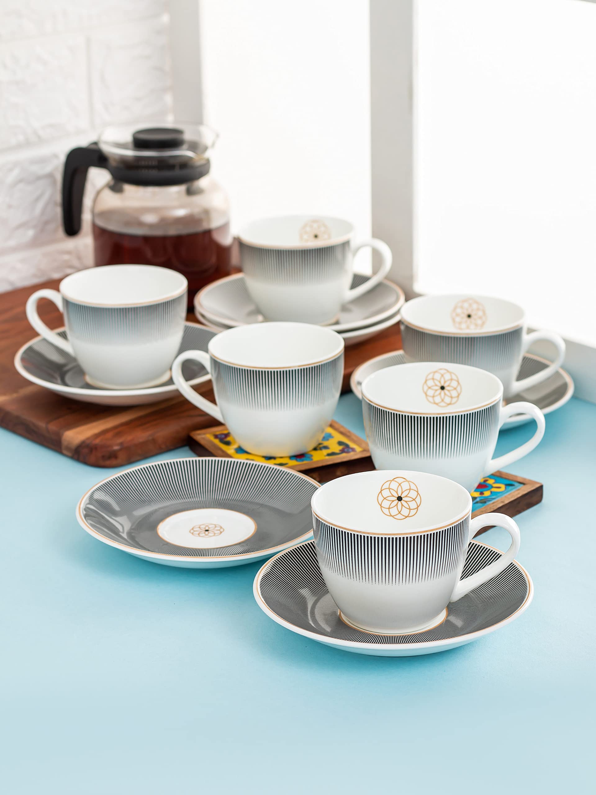 Clay Craft Fine Ceramic Cream Series Cup & Saucer Set for Tea/Coffee of 12 (6 Cups + 6 Saucers) - 180 ml Each (Golden Lines)