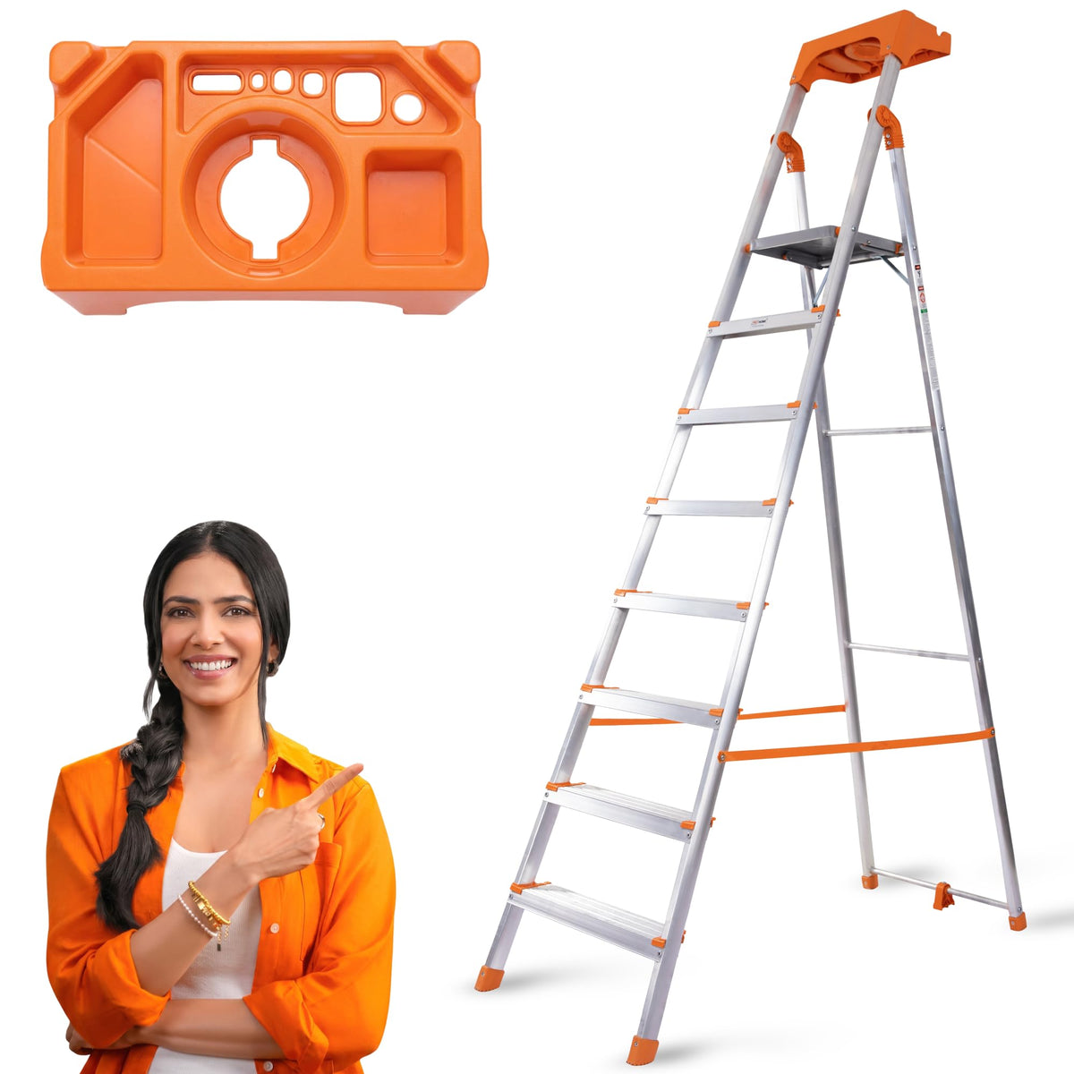 PROHOME Aluminium Ladder for Home 5 Steps Foldable with Railing & Anti-Skid Wide Steps | 5 Step Ladder for Home Use, Kitchen & Household | 250 Kg Capacity Folding Ladder | 5 Year Warranty (Orange)
