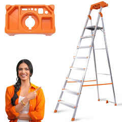 PROHOME Aluminium Ladder for Home 8 Steps Foldable with Railing & Anti-Skid Wide Steps | 8 Step Ladder for Home Use, Kitchen & Household | 270 Kg Capacity Folding Ladder | 5 Year Warranty (Orange)