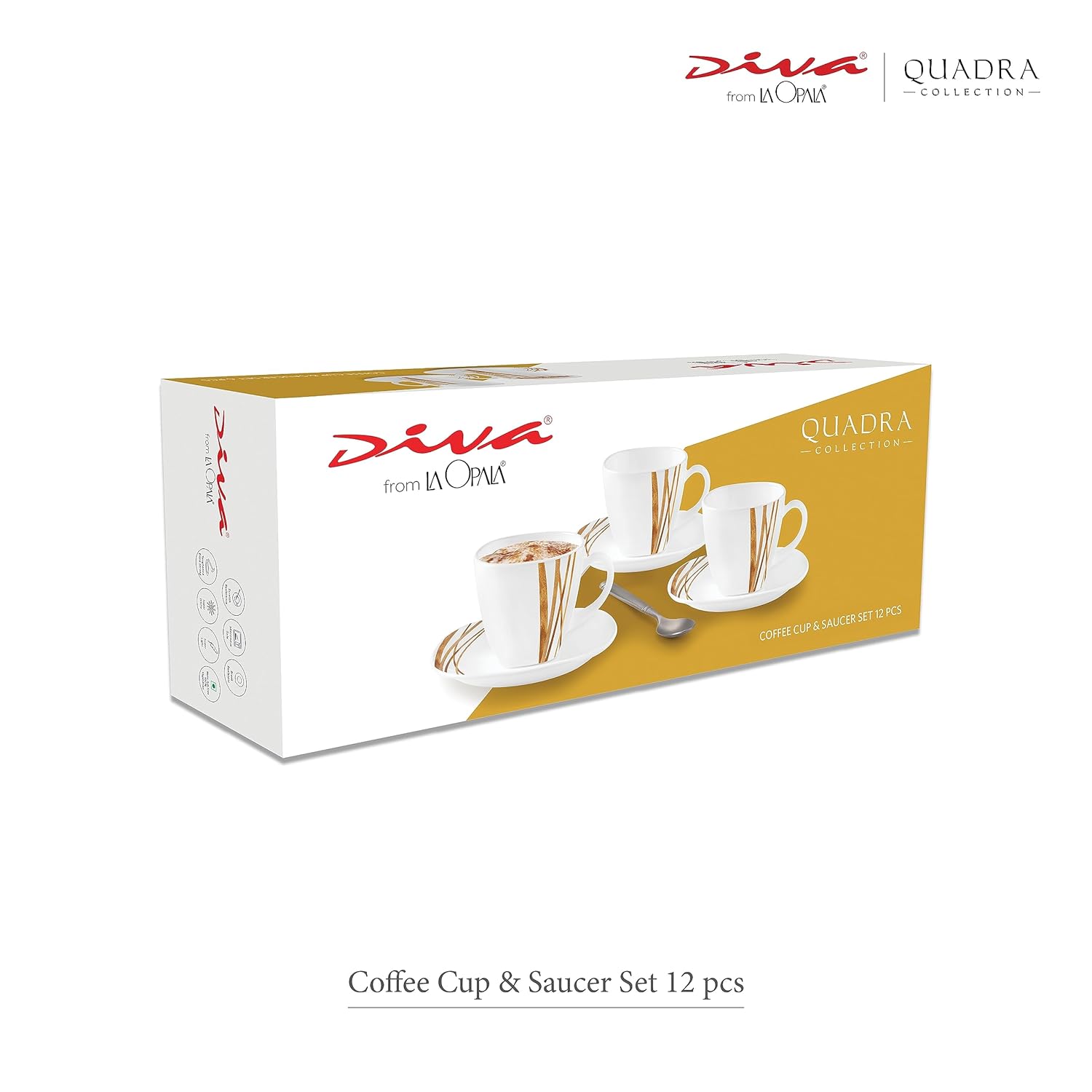 La Opala Diva, Quadra Collection Opal Glass Crockery | Coffee Cup & Saucer, Set of 12 | Midnight Black 125 ml | for Tea & Coffee | Microwave Safe | 100% Vegetarian | Extra Strong | Super Light & White