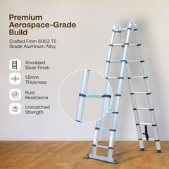 Bonkaso A-Shaped Telescopic Ladder 5 m (16.5 Ft), Premium Aluminum Alloy Folding Extension Ladder, EN131 Certified, 150kg Load Capacity, Anti-Slip Feet, Compact & Portable for Home and Outdoor Use