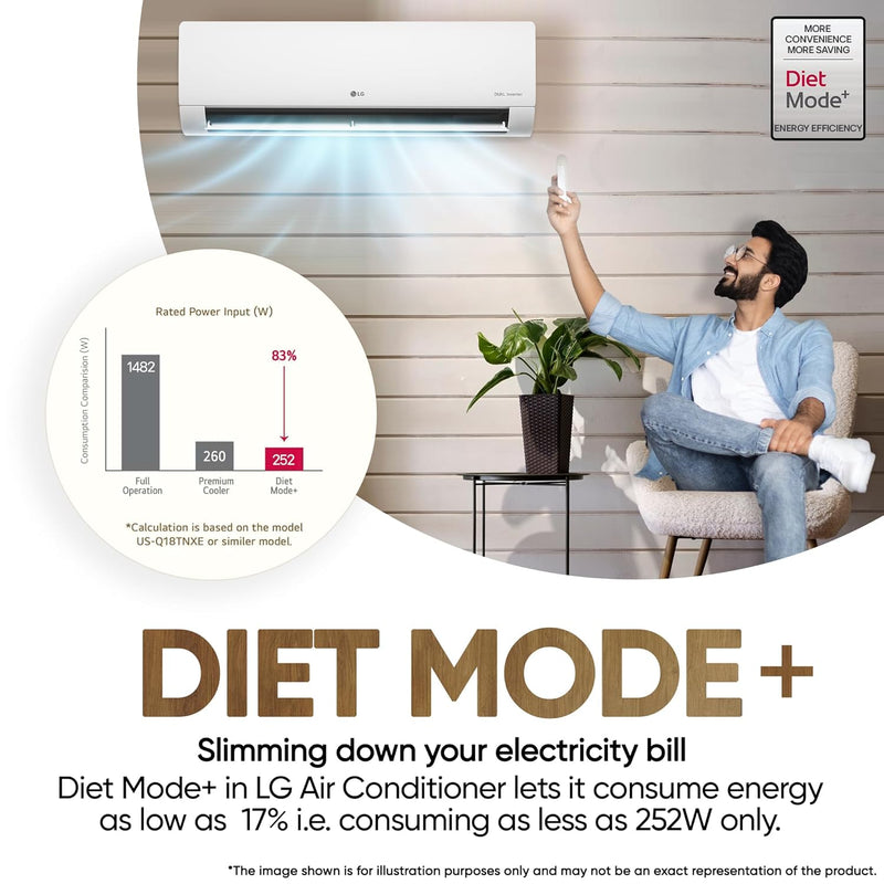 LG 1.5 Ton 3 Star DUAL Inverter Split AC (Copper, AI Convertible 6-in-1, VIRAAT Mode, Diet Mode+, Faster Cooling & Energy Saving, HD Filter with Anti-Virus Protection, US-Q18TNXE1, White)
