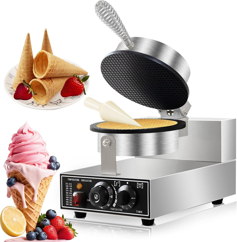 MAZORIA Waffle Cone Maker with Roll Mold Non-Stick Plates, Quick & Easy Cone Making with Temperature & Timer Control