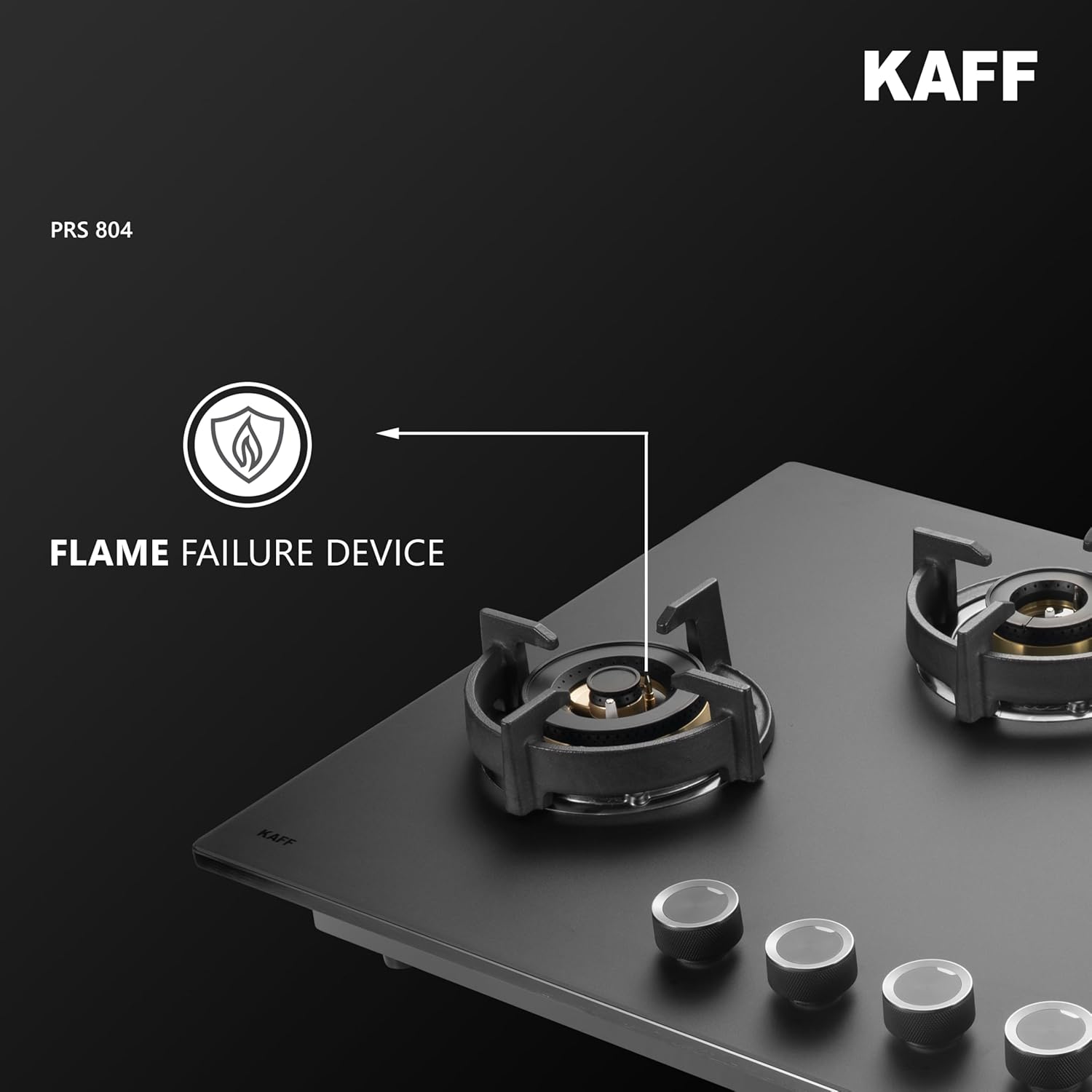 KAFF | PRESTON |80CM 4 Burners Open Built-In Hob & Hobtop With Digital Timer | 8Mm Premium Frosted Black Glass | Powerful Brass Burners With Full Flame Failure Device | Enamelled Matt Finish | PRS804