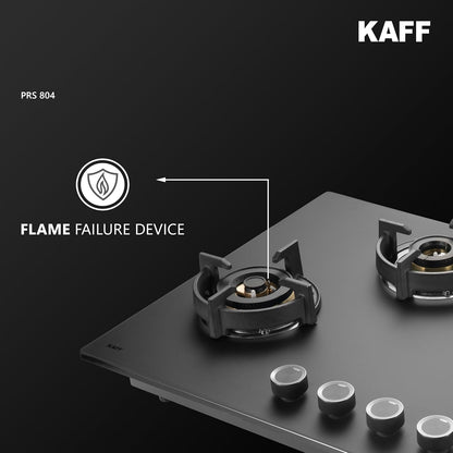 KAFF | PRESTON |80CM 4 Burners Open Built-In Hob & Hobtop With Digital Timer | 8Mm Premium Frosted Black Glass | Powerful Brass Burners With Full Flame Failure Device | Enamelled Matt Finish | PRS804