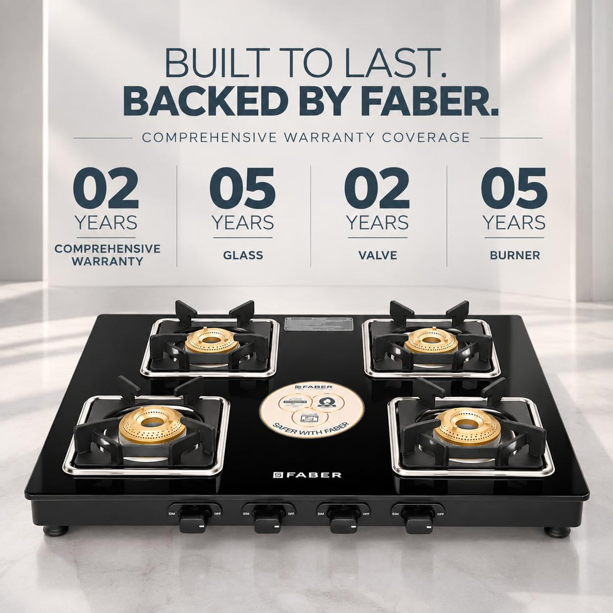 Faber Remo 4 Burner Gas Stove | 1 Jumbo + 1 Medium + 2 Small Brass Burners | Diamond Coated Pan Support | SS Drip Tray |