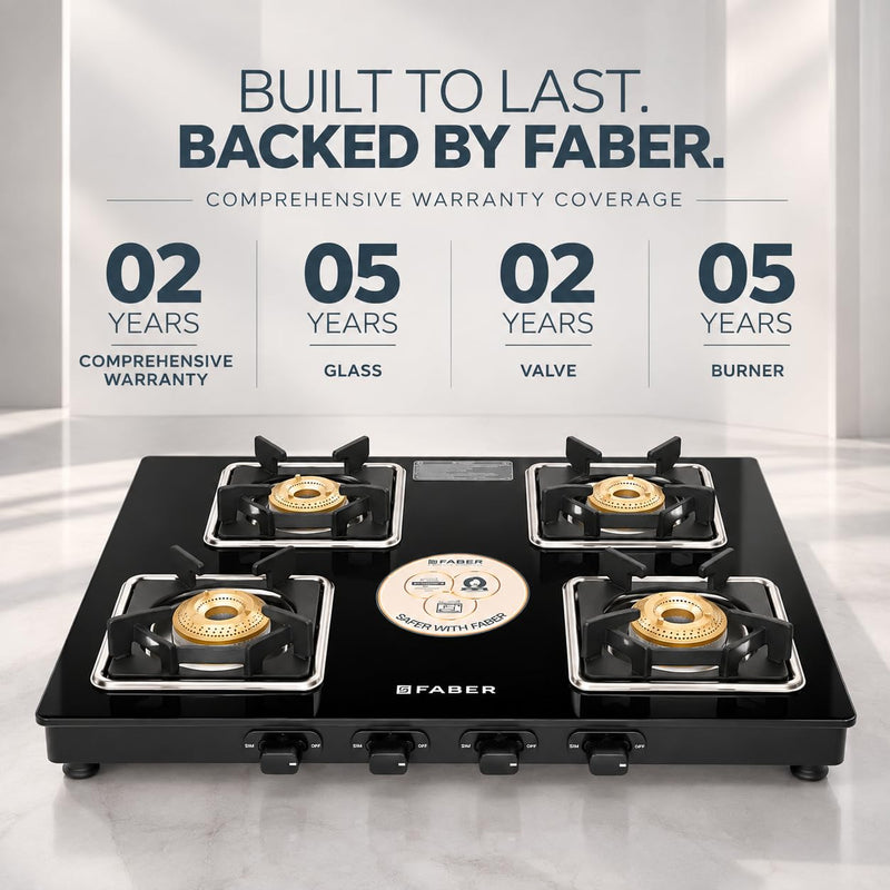 Faber Remo 4 Burner Gas Stove | 1 Jumbo + 1 Medium + 2 Small Brass Burners | Diamond Coated Pan Support | SS Drip Tray |