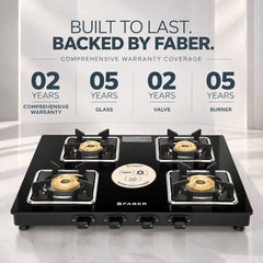 Faber Remo 4 Burner Gas Stove | 1 Jumbo + 1 Medium + 2 Small Brass Burners | Diamond Coated Pan Support | SS Drip Tray |