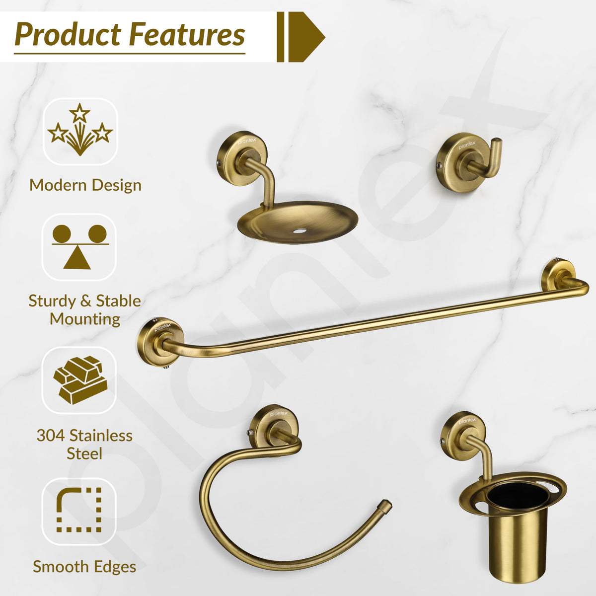 Plantex 304 Grade Stainless Steel Bathroom Accessories Set of 5 - Towel Rod/Hand Napkin Hanger for Wash Basin/Soap Case/Toothbrush Holder/Robe Hook - Daizy (Brass Antique)-3