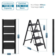 Corvids 4-Step Heavy-Duty Carbon Steel Step Stool, 2-Year Warranty, Anti-Slip Wide Steps, Portable Multipurpose Folding Step Ladder for Home, Kitchen & Office Use (Black)