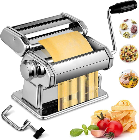 Pasta Maker, 150 Roller Pasta Machine, 7 Adjustable Thickness Settings Noodles Roller with 2-in-1 Noodles Maker with Rollers and Cutter, Perfect for Spaghetti,Fettuccini, Lasagna or Dumpling Skins (smooth silver)