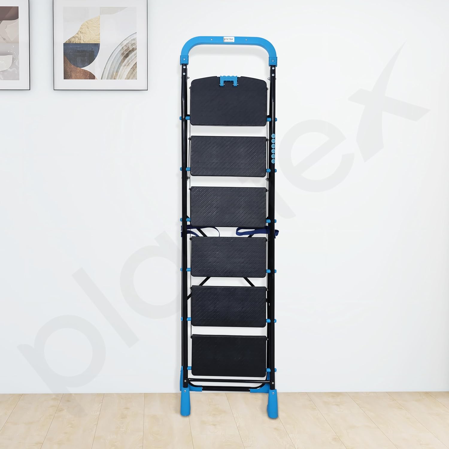 Plantex Stylo Heavy-Duty Mild-Steel Folding 6 Step Ladder for Home with Advanced Locking System/Wide Anti-Skid Step Ladder (Black & Blue)