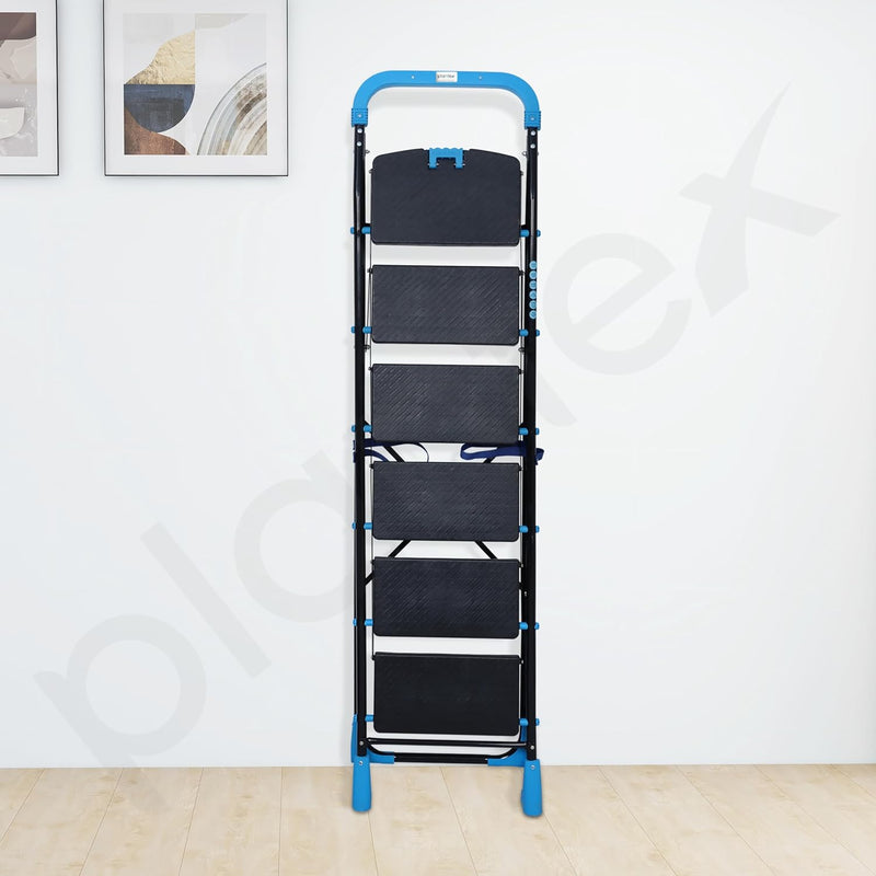 Plantex Stylo Heavy-Duty Mild-Steel Folding 6 Step Ladder for Home with Advanced Locking System/Wide Anti-Skid Step Ladder (Black & Blue)