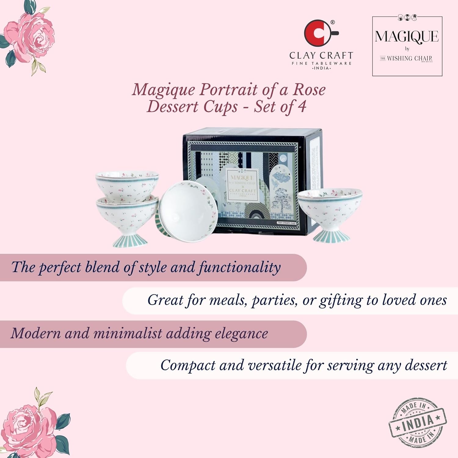 Magique by The Wishing Chair x ClayCraft : Portrait of a Rose Dessert Cups Set of 4 | 160 ml Ceramic Ice Cream Bowls | Elegant Floral Cups for Ice Cream, Sorbet & Gelato | Dishwasher Safe