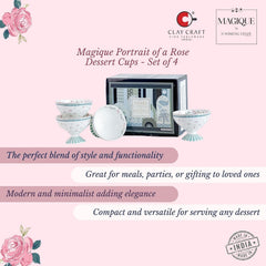 Magique by The Wishing Chair x ClayCraft : Portrait of a Rose Dessert Cups Set of 4 | 160 ml Ceramic Ice Cream Bowls | Elegant Floral Cups for Ice Cream, Sorbet & Gelato | Dishwasher Safe