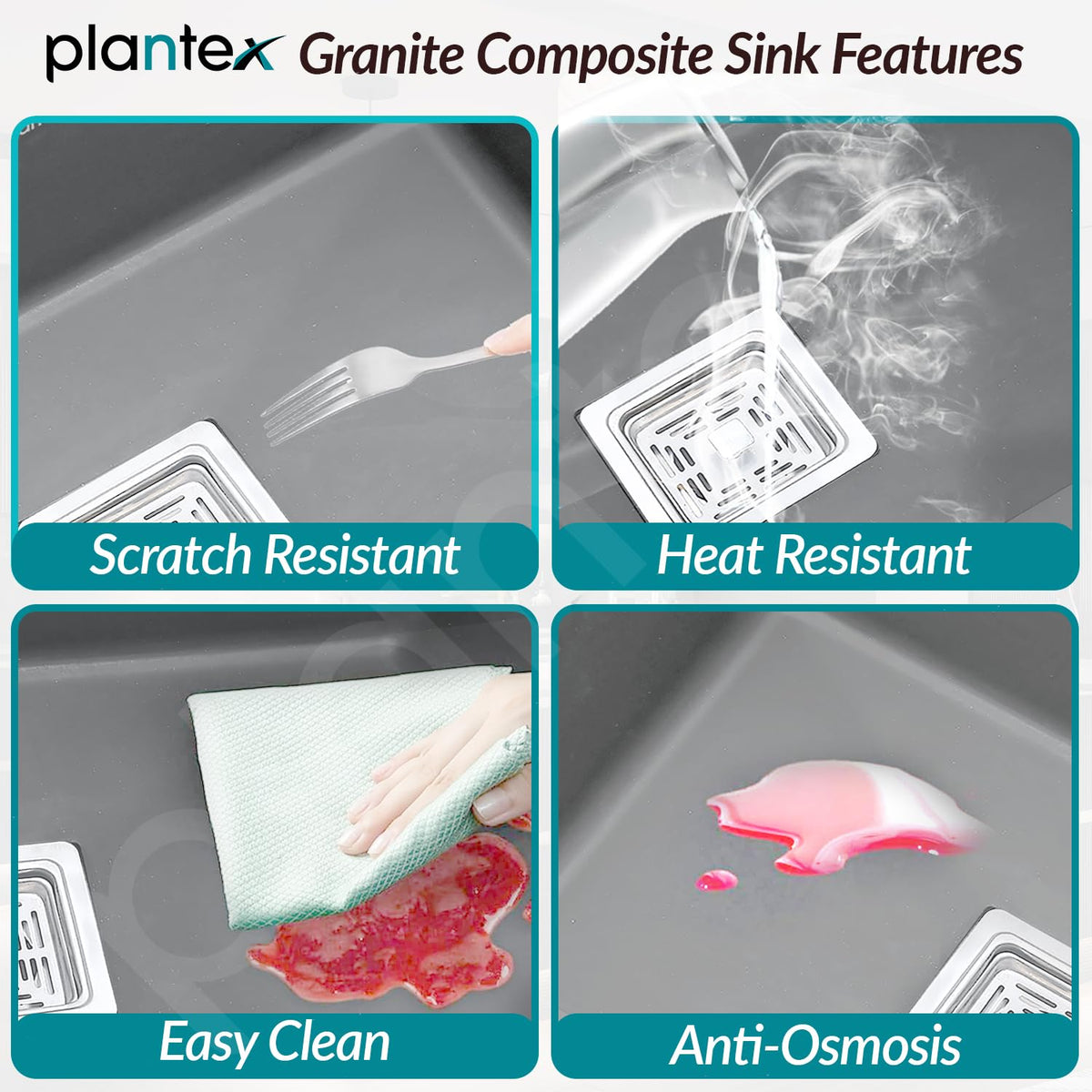 Plantex Kitchen Sink/Quartz Single Bowl Kichen Sink with Hose Pipe and Square Coupling/Under Mount Kitchen Sink - (Grey, 21 x 18 inch)-6