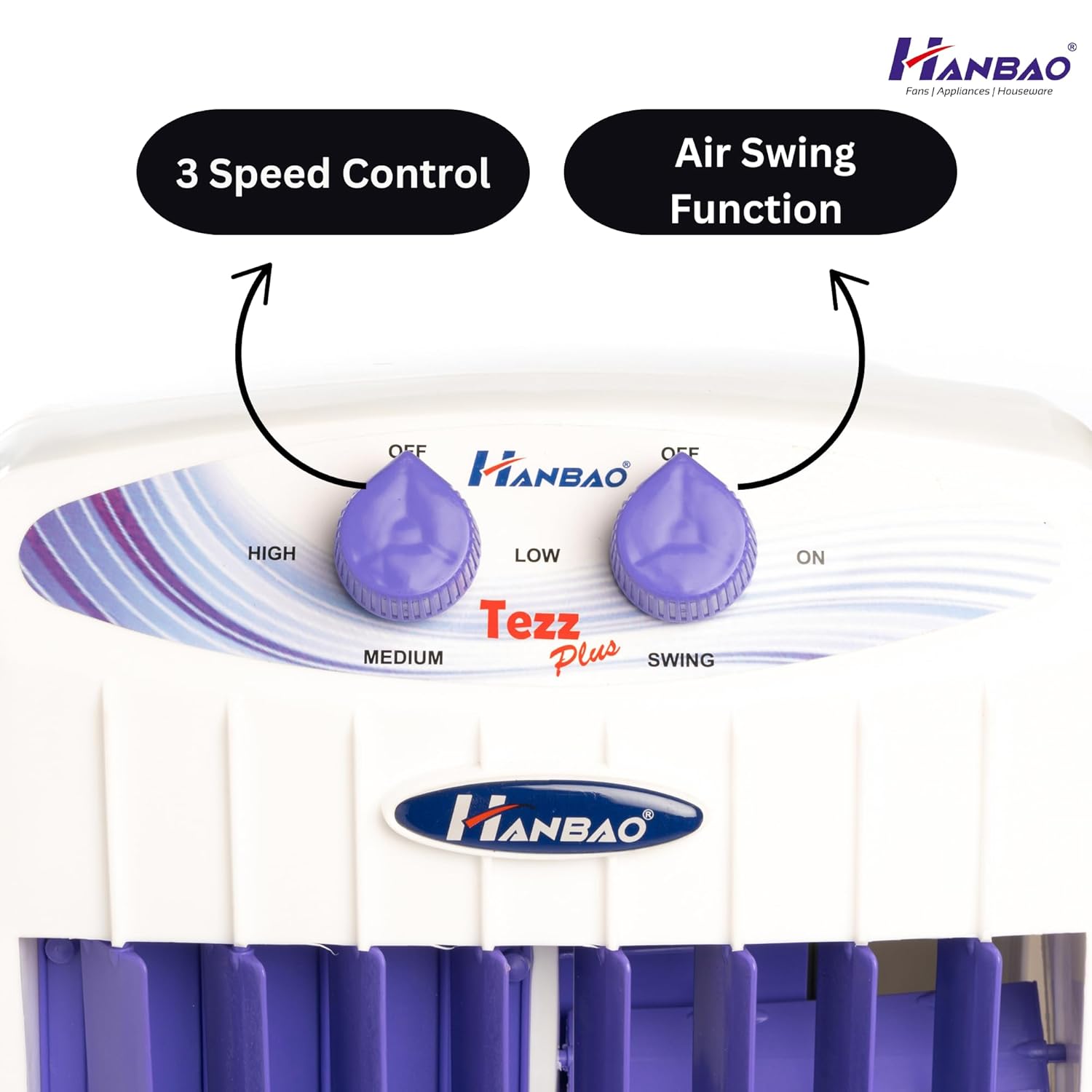 HANBAO Tower Fan with TOP safety Copper Motor, 3 Speed - 4 Way Air Deflection, High Air delivery @ 2350 m3/hr, Hi-speed & powerful, TEZZ Plus 36 months Warranty