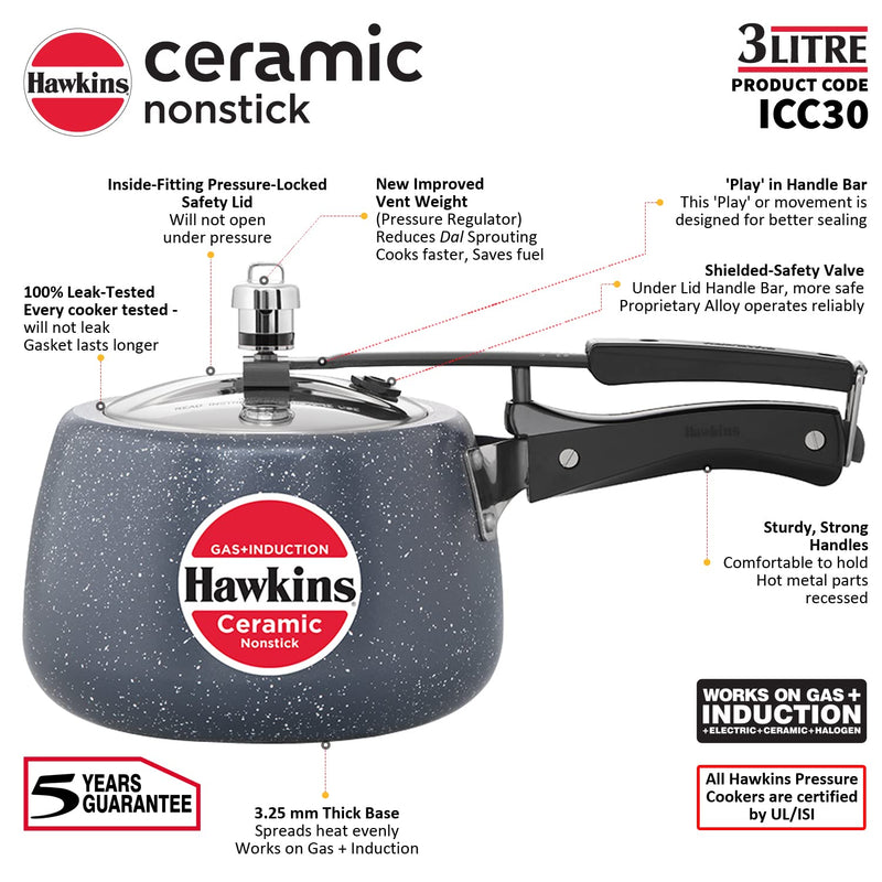 Hawkins 3 Litre Ceramic Nonstick Pressure Cooker, Induction Inner Lid Cooker, Blue (ICC30)