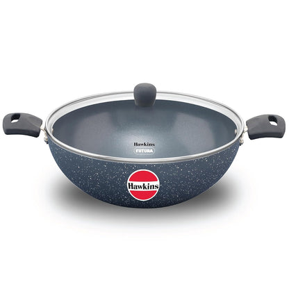 Hawkins Ceramic Nonstick 5 Litre Deep Kadhai, Induction Deep Fry Pan with Glass Lid, Granite Kadai (ICK50G)
