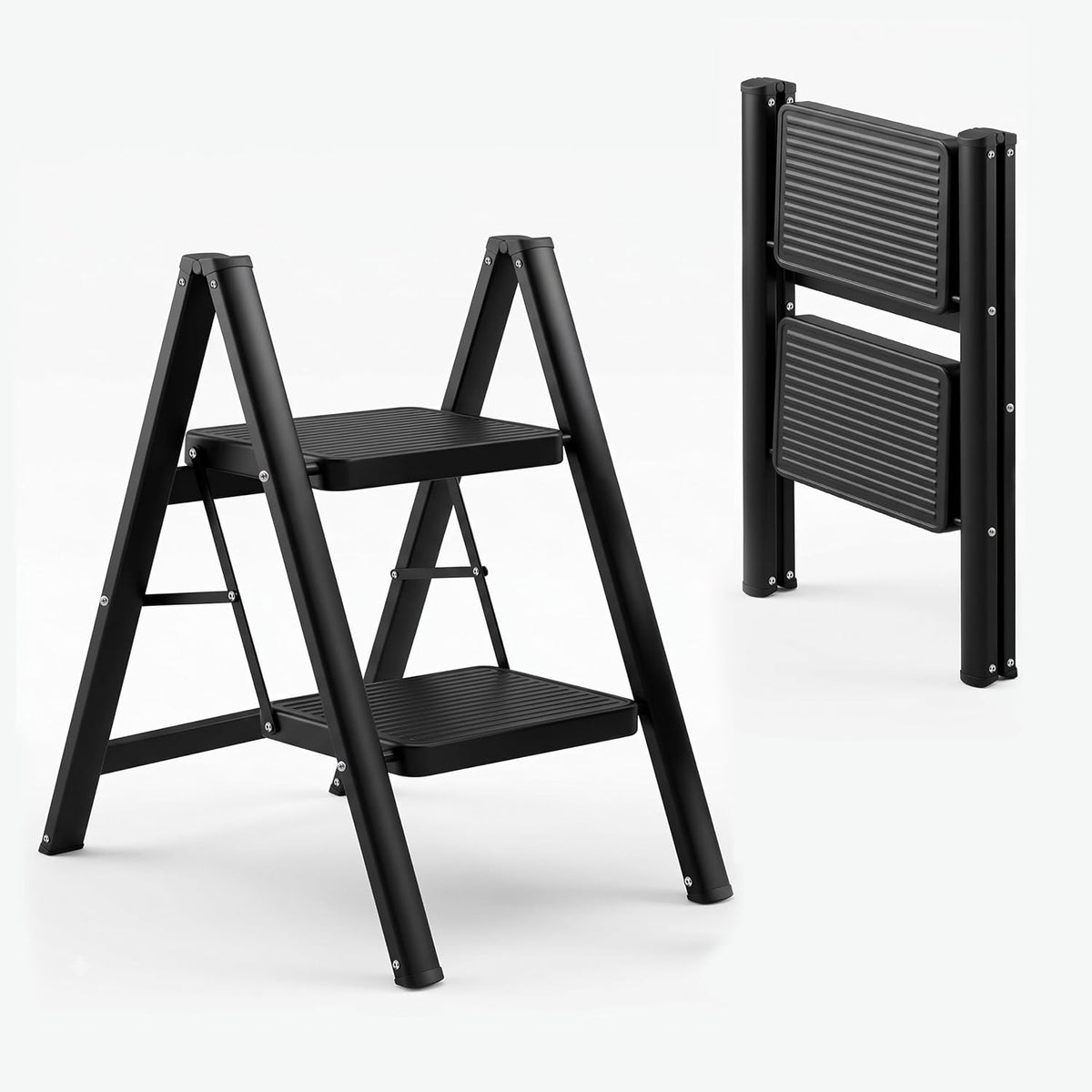Corvids 2-Step Heavy-Duty Carbon Steel Step Stool, 2-Year Warranty, Anti-Slip Wide Steps, Portable Multipurpose Folding Step Ladder for Home, Kitchen & Office Use (Black)