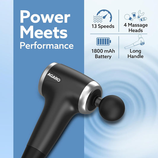 AGARO Regency Gun Massager, 4 Heads, 13 Speed, Rechargeable, Handheld, Percussion Muscle Massager for Full Body Pain Relief, Muscle Relaxation of Neck, Shoulder, Back, Foot for Men & Women, Black