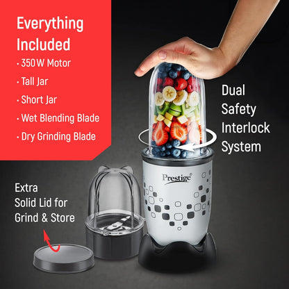 Prestige Nutri-Mix 2.0, 350W Mixer Grinder with 2 Multipurpose Jars | Compact Design | Dual Safety Interlock System | Extra Lids for Storage | Black & Grey