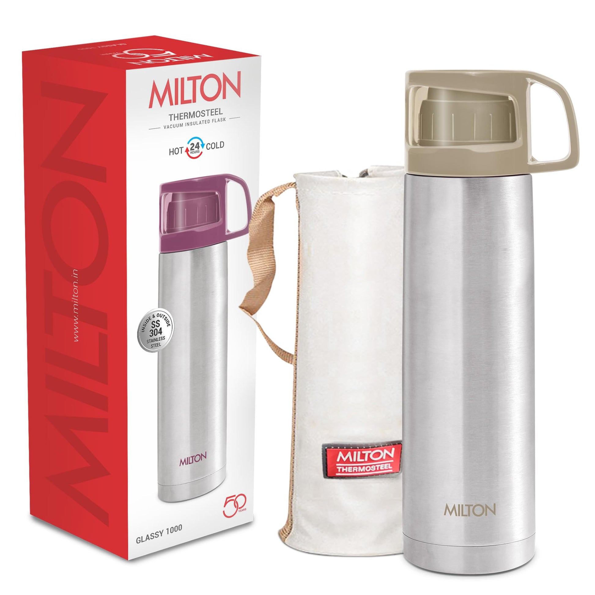 Milton Glassy 500 Thermosteel Vacuum Insulated Double Walled Flask with Drinking Cup lid & Jacket, 500 ml Water Bottles, 24 Hours Hot & Cold, Easy to Carry,Rust Proof, Tea, Coffee, Travel Bottle, Grey