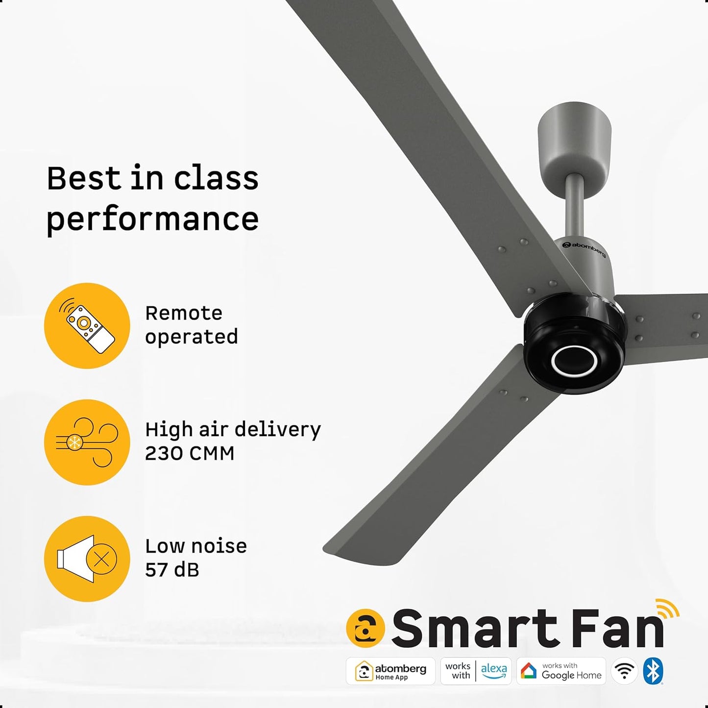 atomberg Renesa Elite Smart 1200mm Voice Enabled BLDC Ceiling Fan with Remote Control | BEE 5 star | High Air Delivery with Moonbeam LED Light | Designer Fan | 5 Year Warranty | Sand Grey