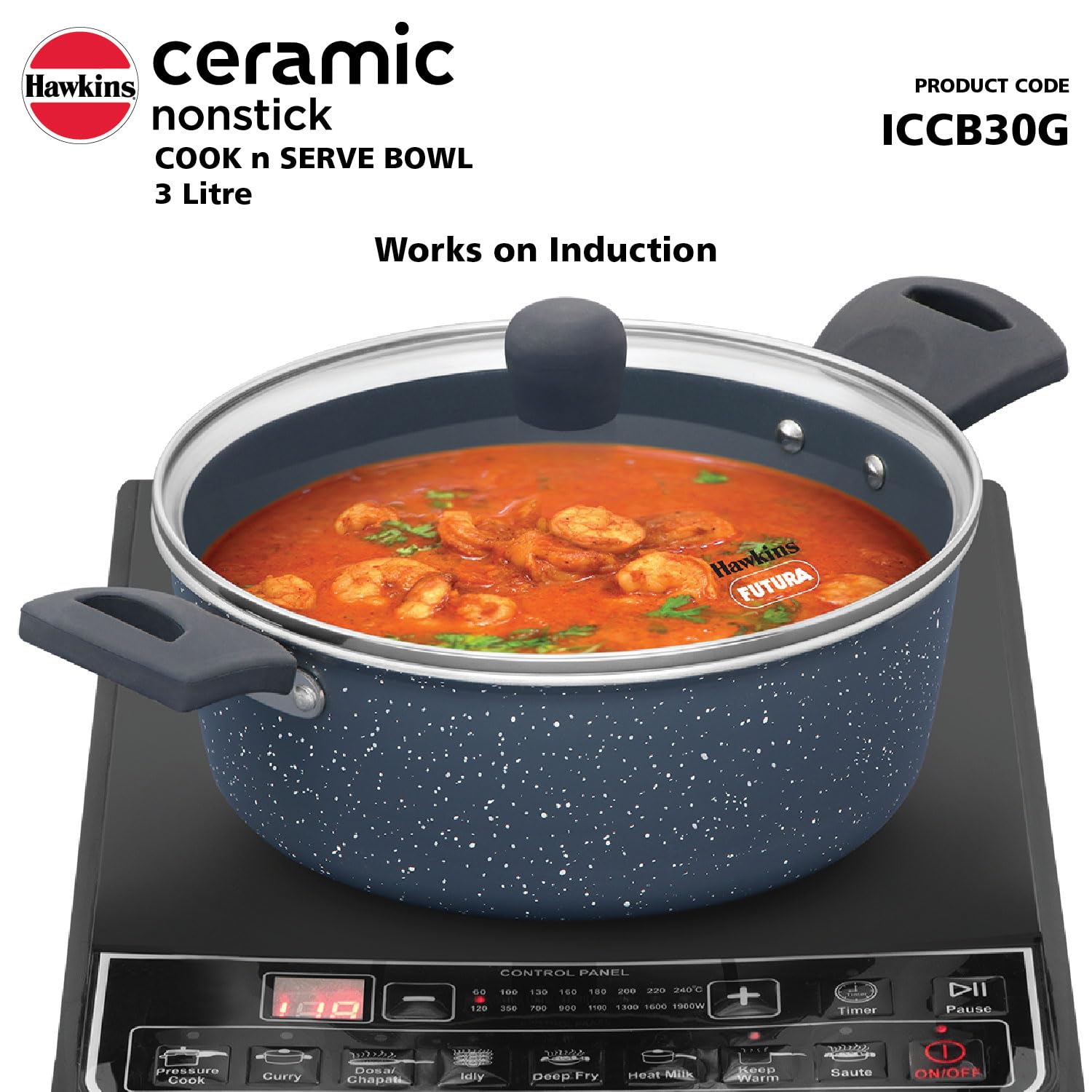 Hawkins Ceramic Nonstick Cook n Serve Bowl with Glass Lid, 3 Litre, Induction Pot, Granite Casserole (ICCB30G)