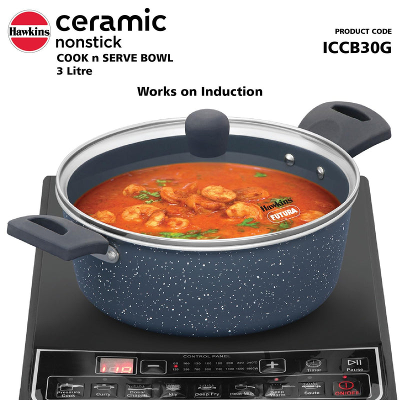 Hawkins Ceramic Nonstick Cook n Serve Bowl with Glass Lid, 3 Litre, Induction Pot, Granite Casserole (ICCB30G)