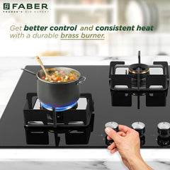 Faber 3 Burner HCT 78 cm Hob| Brass Burners| Bakelite Knobs| Cast Iron Pan Support | Hob/Cooktop Hybrid Toughened Glass 