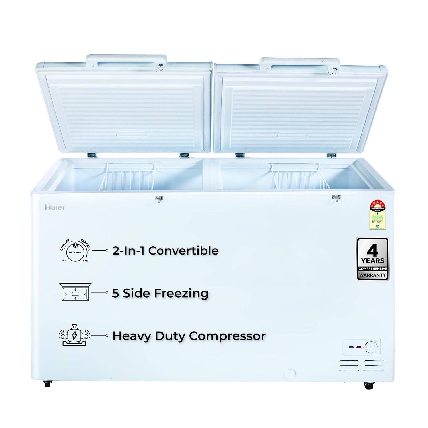 Haier HFC-500DM5, 5 Star Rating Double Door Convertible Deep Freezer, 5 Side Freezing, Dual Condenser, Inside Metal Liner with 70mm Puff Thickness (White 439L)